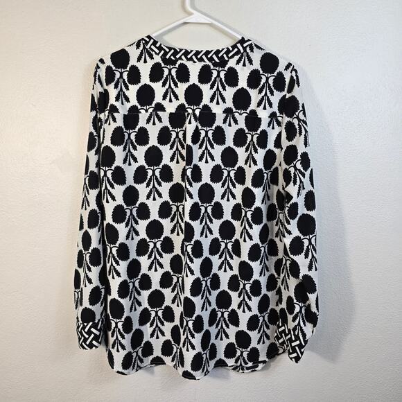 Talbots Band Collar Popover Blouse Women's L Black Cream Career Summer Party - Picture 2 of 10